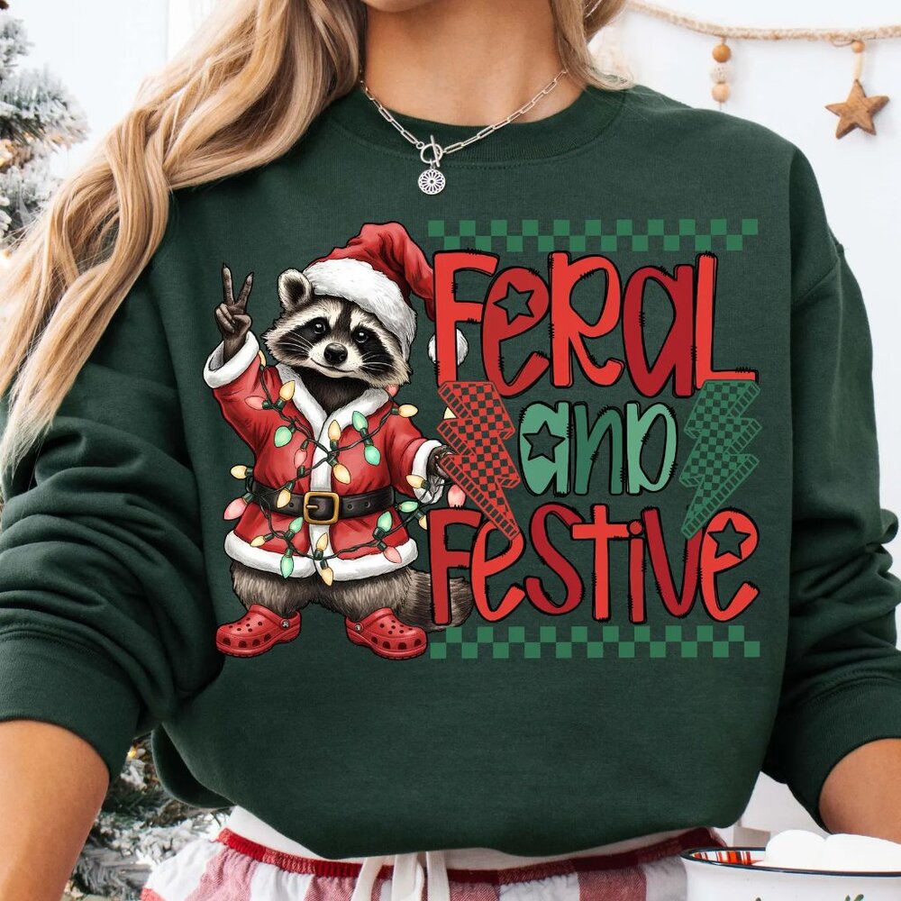 Feral and Festive Raccoon, Feral Girl Christmas, Trashy Christmas Swaetshirt 05